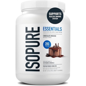 image:imageIsopure Essentials 100 Whey Protein Powder with Vitamins 20g Protein Per Serving Vanilla Buttercream 13 Servings Pack of 1  20g Complete Whey Protein Per Serving with Added Vitamins for Immune Support amp Muscle Recovery Decadent Rich FlavorChocolate Mousse