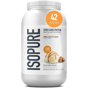 image:imageIsopure Low Carb 100 Pure Whey Isolate Protein Powder Gluten Free With Vitamins Dutch Chocolate 25g Protein Per Serving 1 Lb 14 Servings Packaging May Vary  25g Protein Per Serving 100 Whey Protein Isolate Gluten Free with Added Vitamins for Immune Support amp Muscle RecoveryVanilla Salted Caramel