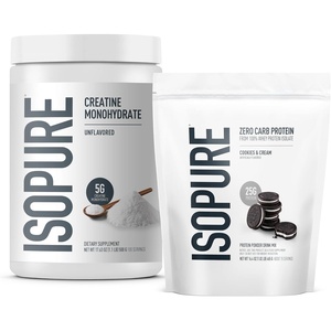 image:imageIsopure Low Carb 100 Pure Whey Isolate Protein Powder Gluten Free With Vitamins Dutch Chocolate 25g Protein Per Serving 1 Lb 14 Servings Packaging May Vary  25g Protein Per Serving 100 Whey Protein Isolate Gluten Free with Added Vitamins for Immune Support amp Muscle RecoveryCookies  Cream